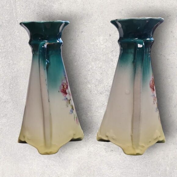 Pair Vintage Czechoslovakian Double Handle Bud Vases Hand Painted Roses Teal - Picture 4 of 8
